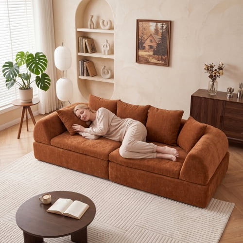 Howcool 104" Cloud Modular Sectional Sofa with Ottoman, Boneless Deep Fluffy Seat Couch, No Assembly Required for Living Room and Bedroom, Orange