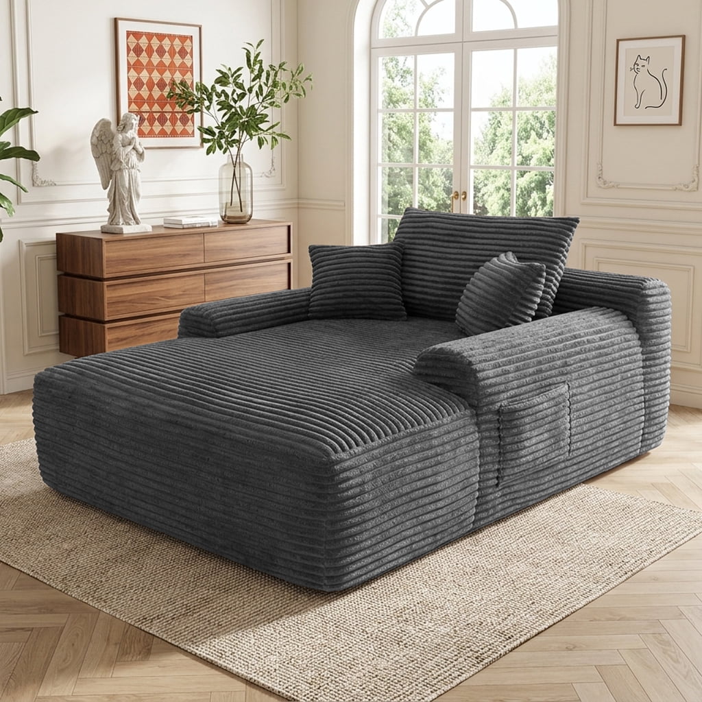 Howcool 65" Oversized Chaise Lounge Chair, Corduroy Boneless Sleeper Sofa Bed with Wide Armrest & Throw Pillows, Deep Seat Lounge Chair for Living Room, Bedroom & Apartment,Grey