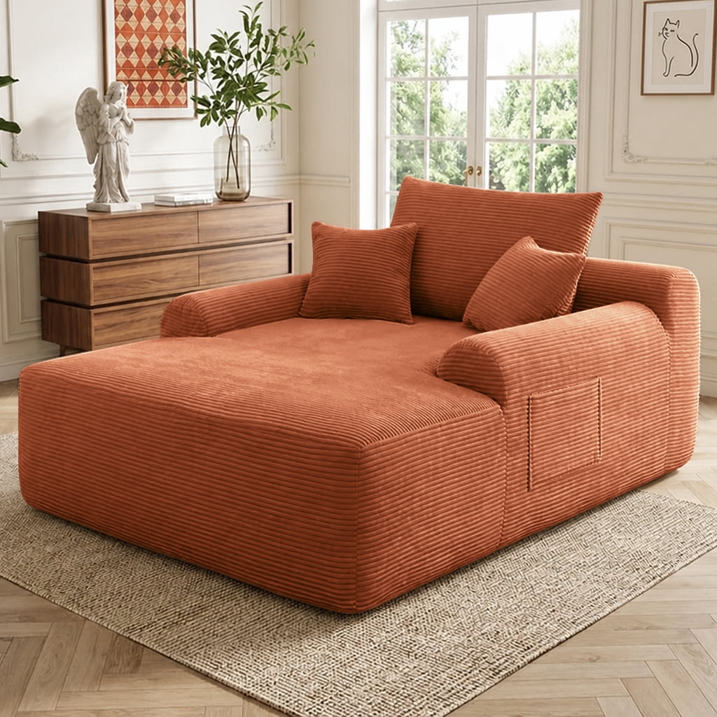 Howcool 65" Oversized Chaise Lounge Chair, Corduroy Boneless Sleeper Sofa Bed with Wide Armrest & Throw Pillows, Deep Seat Lounge Chair for Living Room, Bedroom & Apartment,Orange
