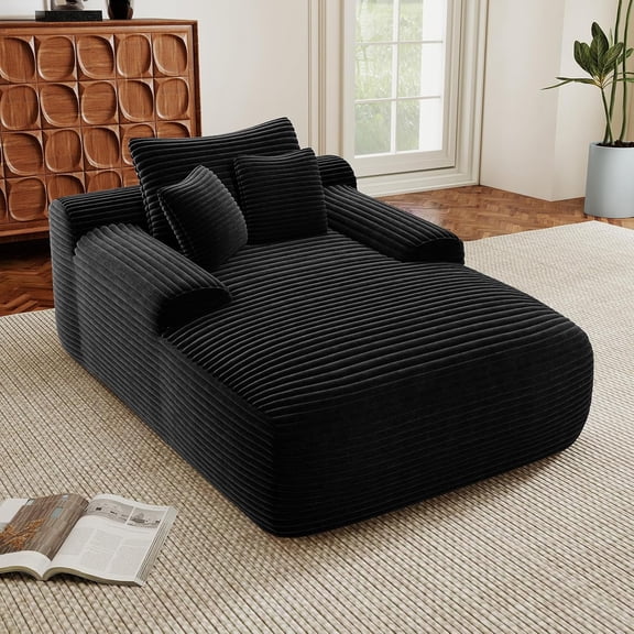 Howcool 65" Oversized Chaise Lounge Chair, Corduroy Boneless Sleeper Sofa Bed with Wide Armrest & Throw Pillows, Deep Seat Lounge Chair for Living Room, Bedroom & Apartment, Black