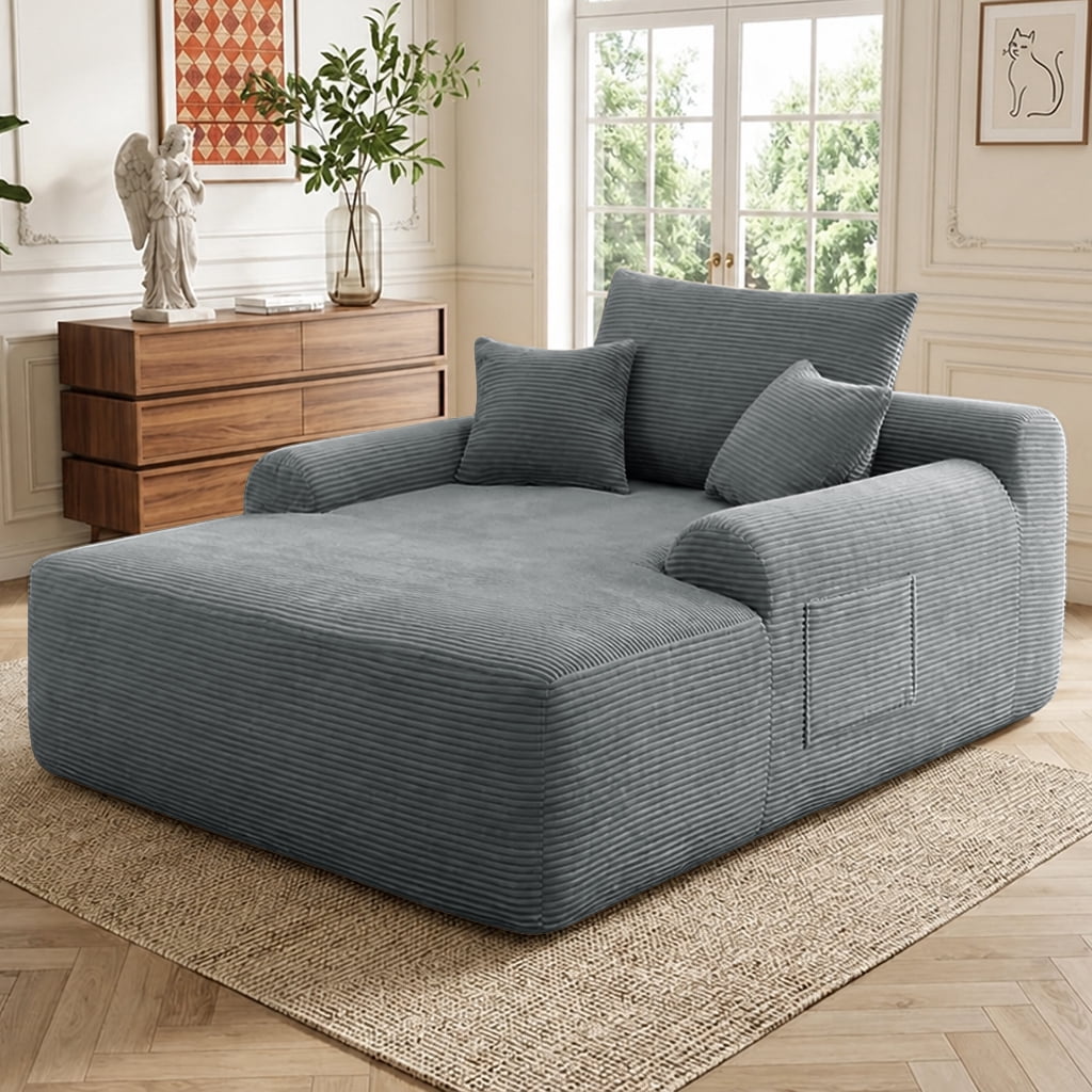 Howcool 65" Oversized Chaise Lounge Chair, Corduroy Boneless Sleeper Sofa Bed with Wide Armrest & Throw Pillows, Deep Seat Lounge Chair for Living Room, Bedroom & Apartment, Grey