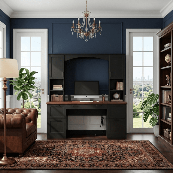 Howcool 68.6"H Farmhouse Arched Computer Desk with Hutch, Workstation with Built-In Charging Station, Keyboard Tray, All-in-One Writing Desk with File Drawer for Home Office