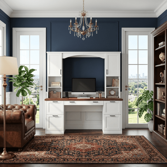 Howcool 68.6"H Farmhouse Arched Computer Desk with Hutch, Workstation with Built-In Charging Station, Keyboard Tray, All-in-One Writing Desk with File Drawer for Home Office