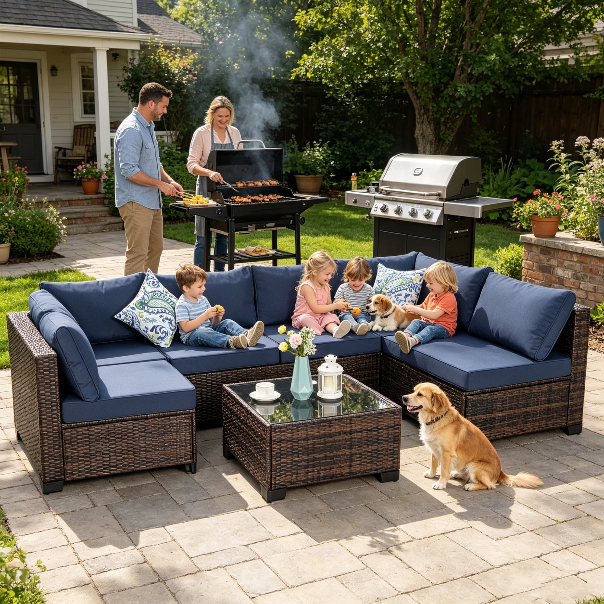 Howcool 7-Piece All-Weather Wicker Rattan Outdoor Patio Furniture Set,Modular Patio Conversation Furniture Set with Thick Cushions & Tempered Glass Table