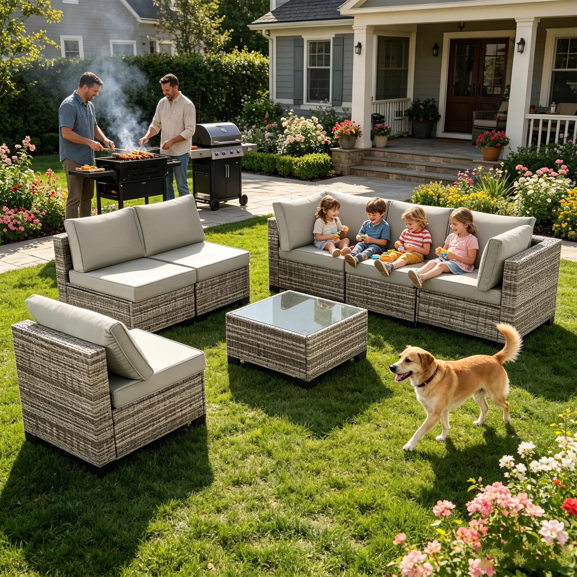 Howcool 7-Piece All-Weather Wicker Rattan Outdoor Patio Furniture Set,Modular Patio Conversation Furniture Set with Thick Cushions & Tempered Glass Table
