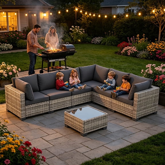 Howcool 7-Piece All-Weather Wicker Rattan Outdoor Patio Furniture Set,Modular Patio Conversation Furniture Set with Thick Cushions & Tempered Glass Table