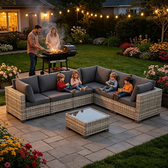 Howcool 7-Piece All-Weather Wicker Rattan Outdoor Patio Furniture Set,Modular Patio Conversation Furniture Set with Thick Cushions & Tempered Glass Table