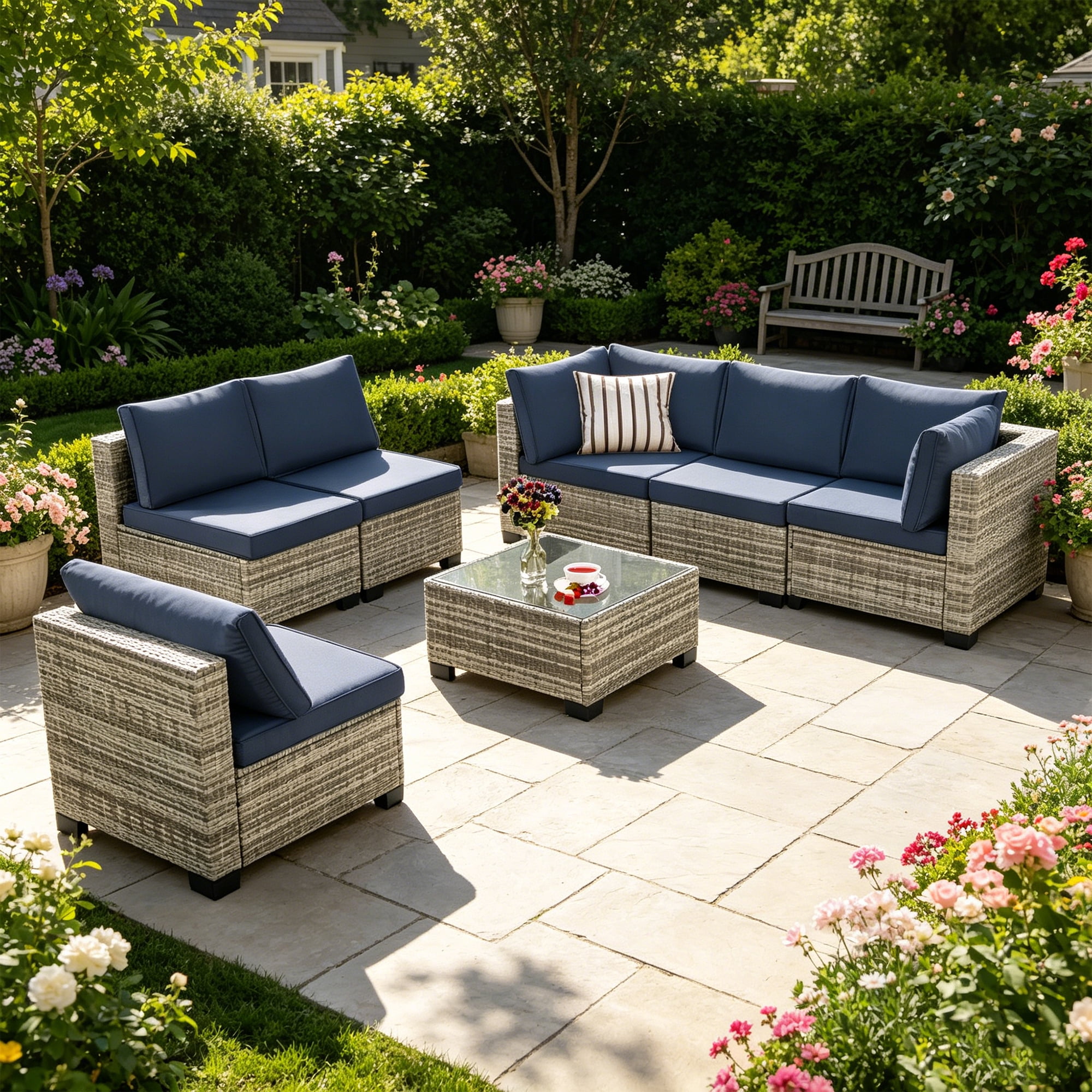 Howcool 7-Piece All-Weather Wicker Rattan Outdoor Patio Furniture Set,Modular Patio Conversation Furniture Set with Thick Cushions & Tempered Glass Table