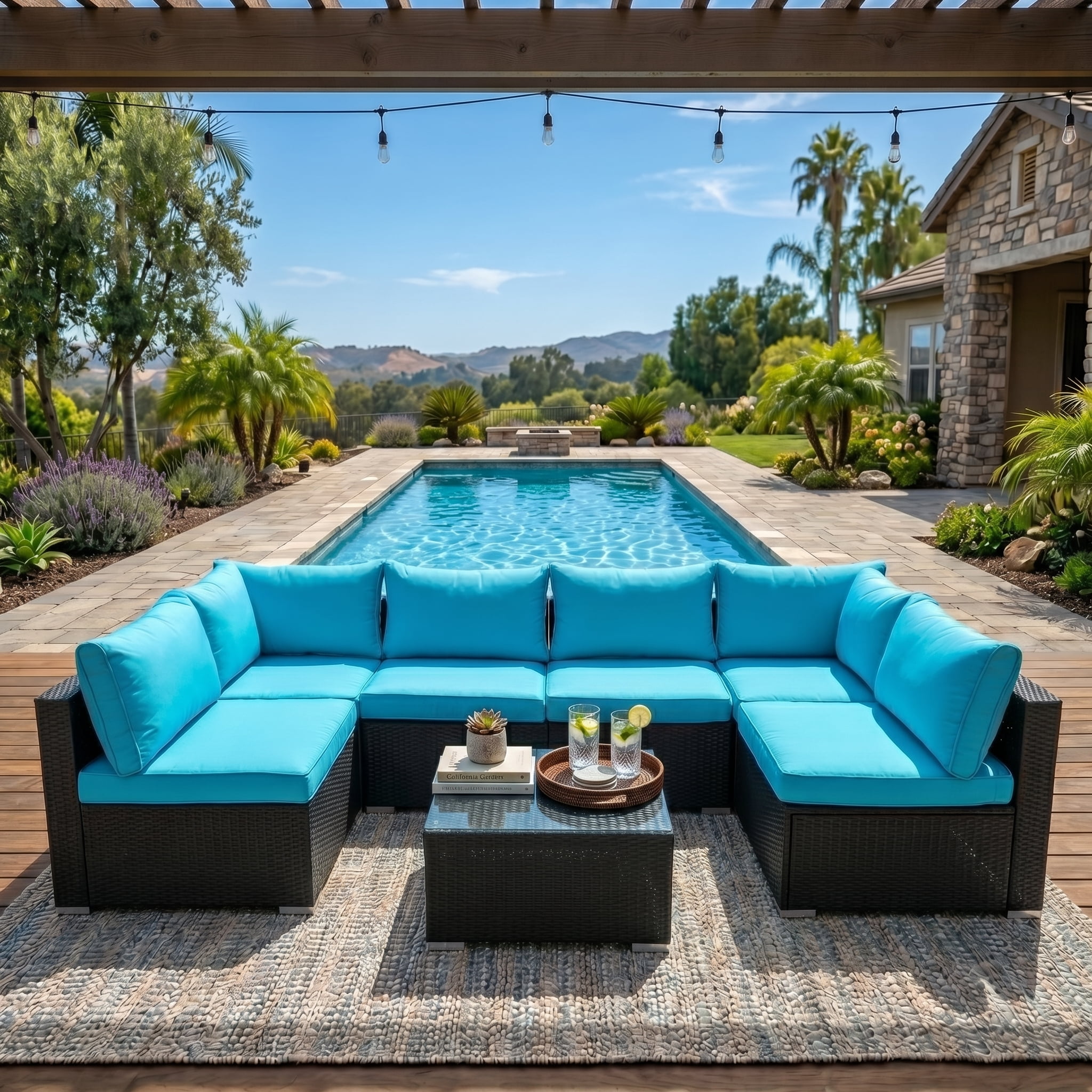 Howcool 7-Piece Modular Outdoor Patio Furniture Set with Cushions and Tempered Glass Table