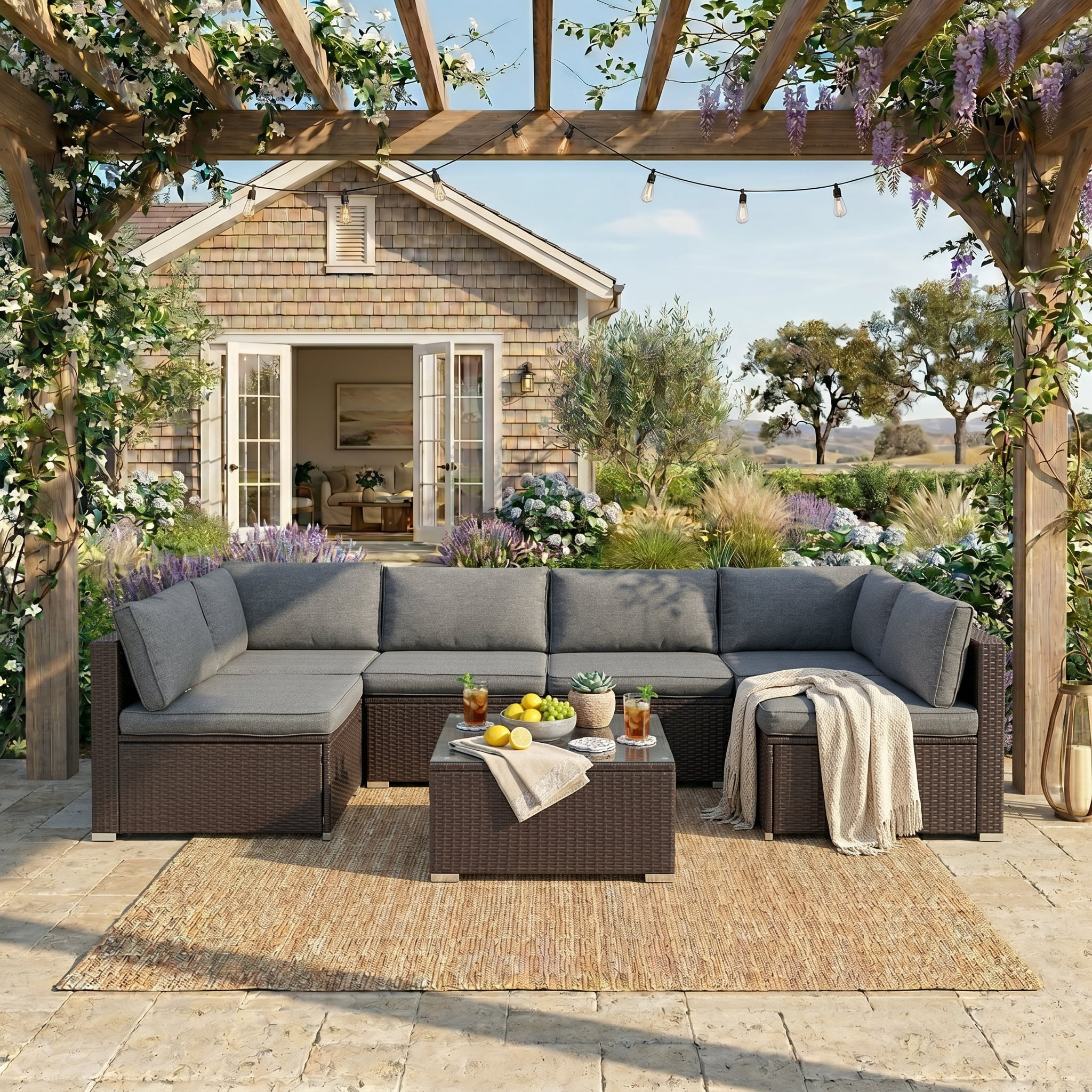 Howcool 7-Piece Modular Outdoor Patio Furniture Set with Cushions and Tempered Glass Table