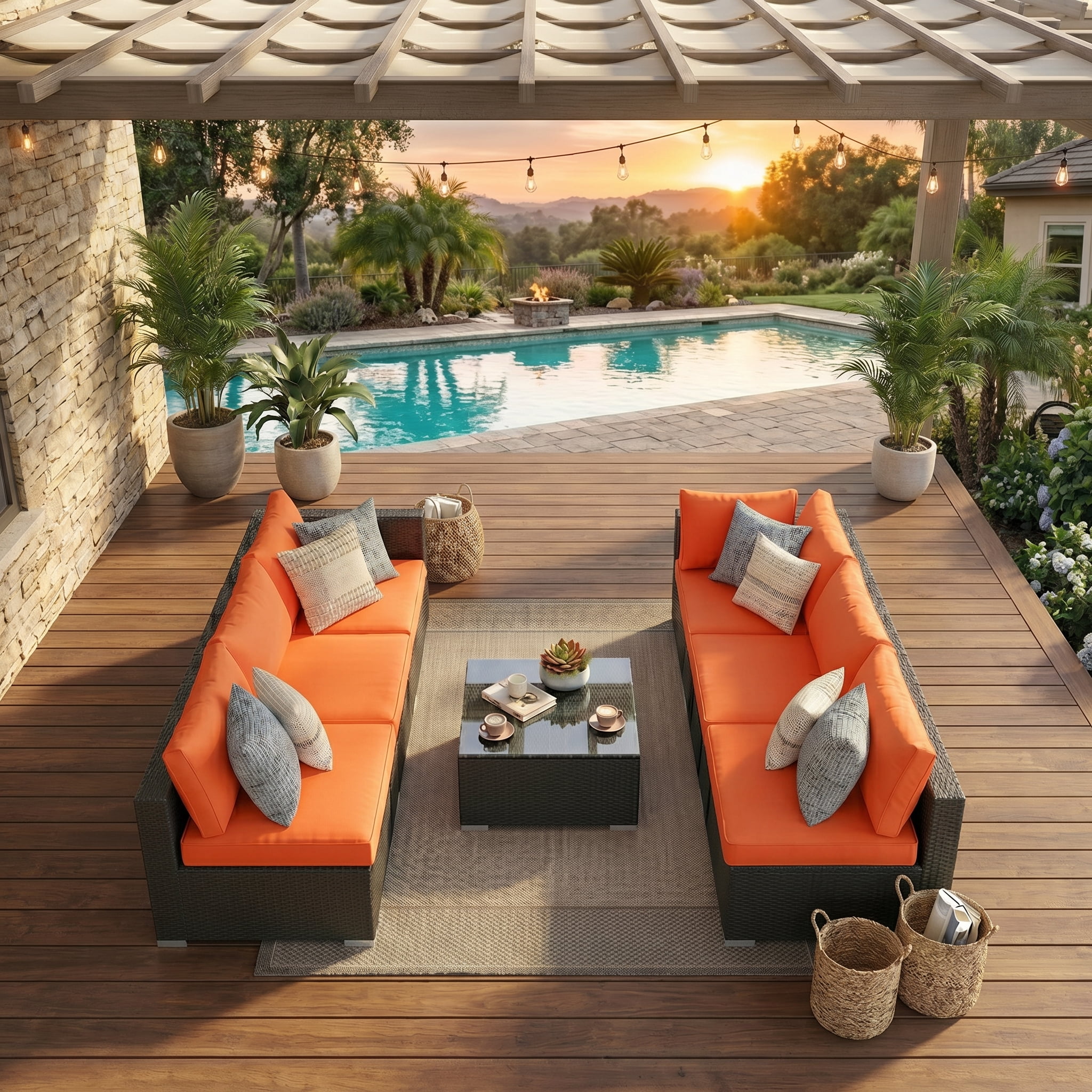 Howcool 7-Piece Modular Outdoor Patio Furniture Set with Cushions and Tempered Glass Table