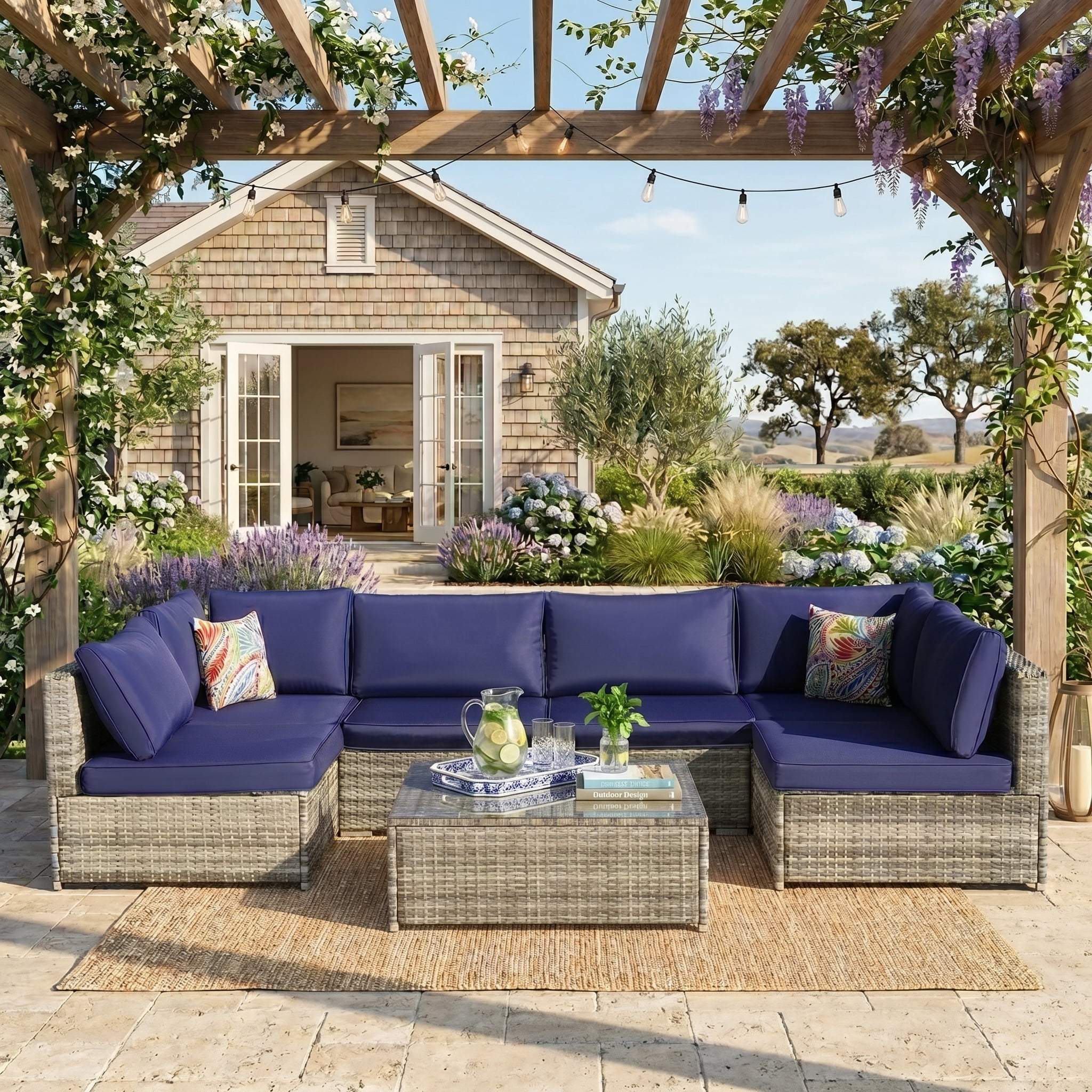 Howcool 7-Piece Modular Outdoor Patio Furniture Set with Cushions and Tempered Glass Table