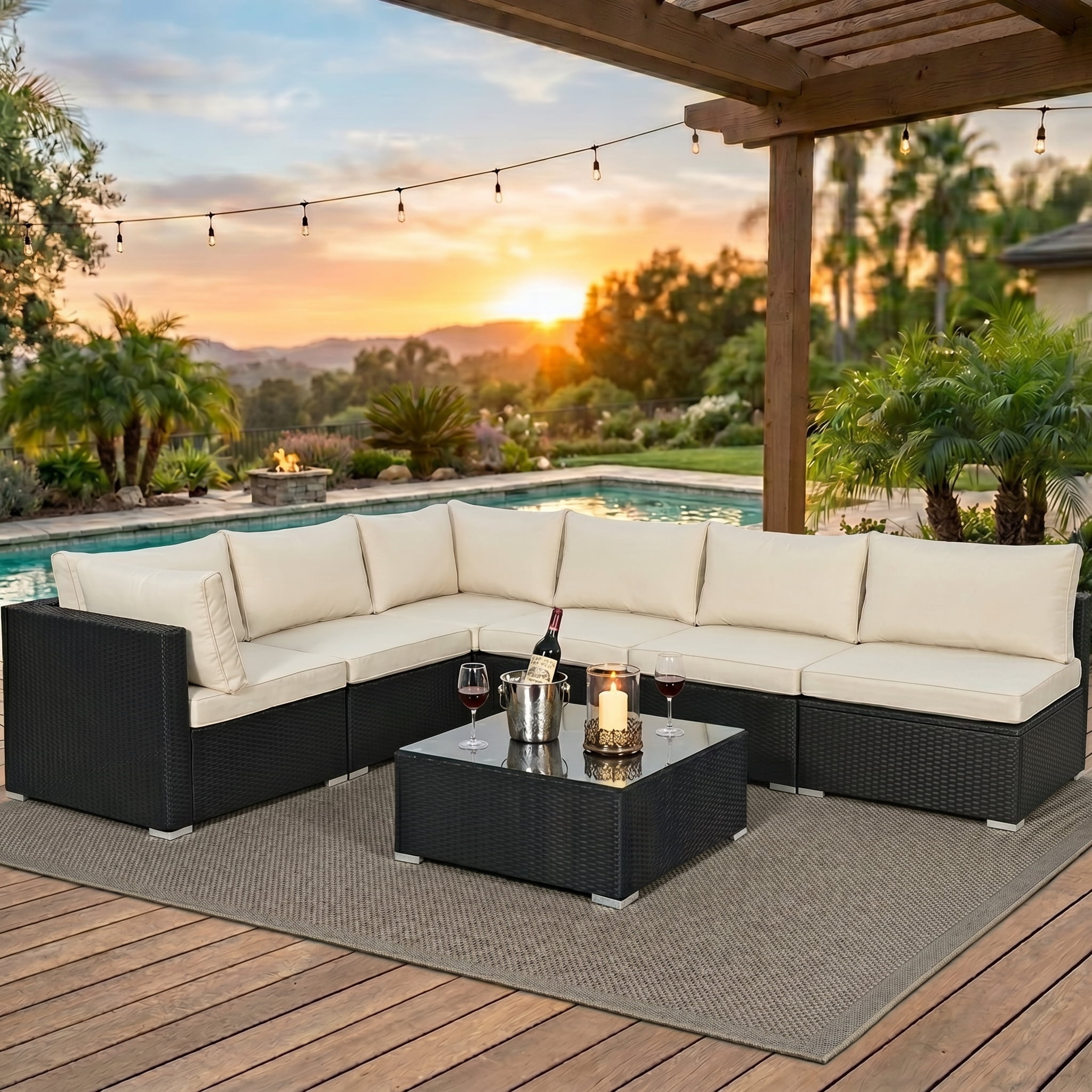 Howcool 7-Piece Modular Outdoor Patio Furniture Set with Cushions and Tempered Glass Table