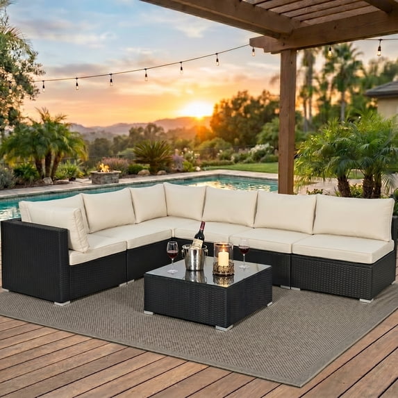 Howcool 7-Piece Modular Outdoor Patio Furniture Set with Cushions and Tempered Glass Table