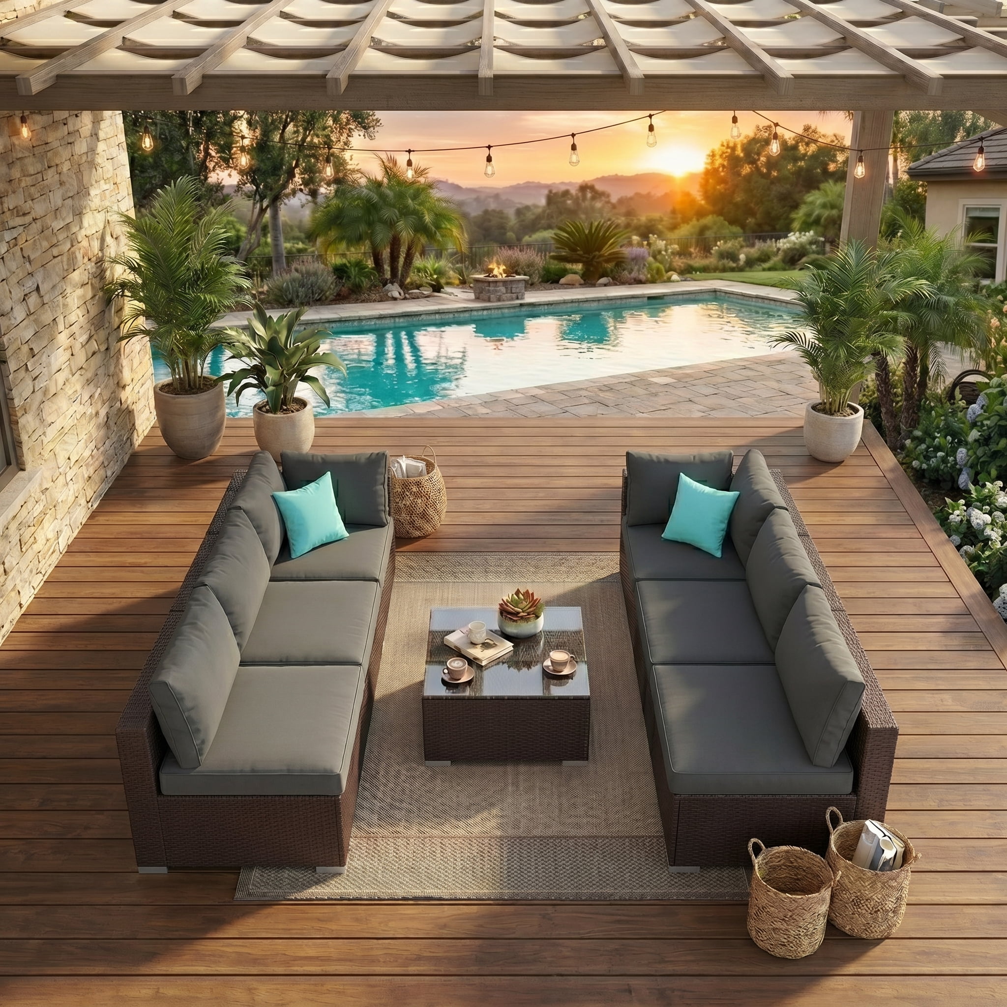 Howcool 7-Piece Modular Outdoor Patio Furniture Set with Cushions and Tempered Glass Table