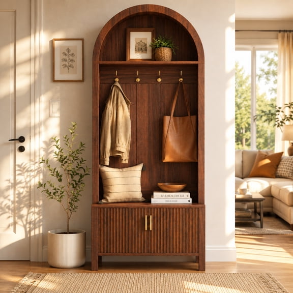 Howcool 70"H Arched Hall Tree with Storage Bench,Farmhouse Coat Rack with 4 Hooks,Furniture Organizer with Fluted Doors for Entryway Mudroom Hallway,Walnut