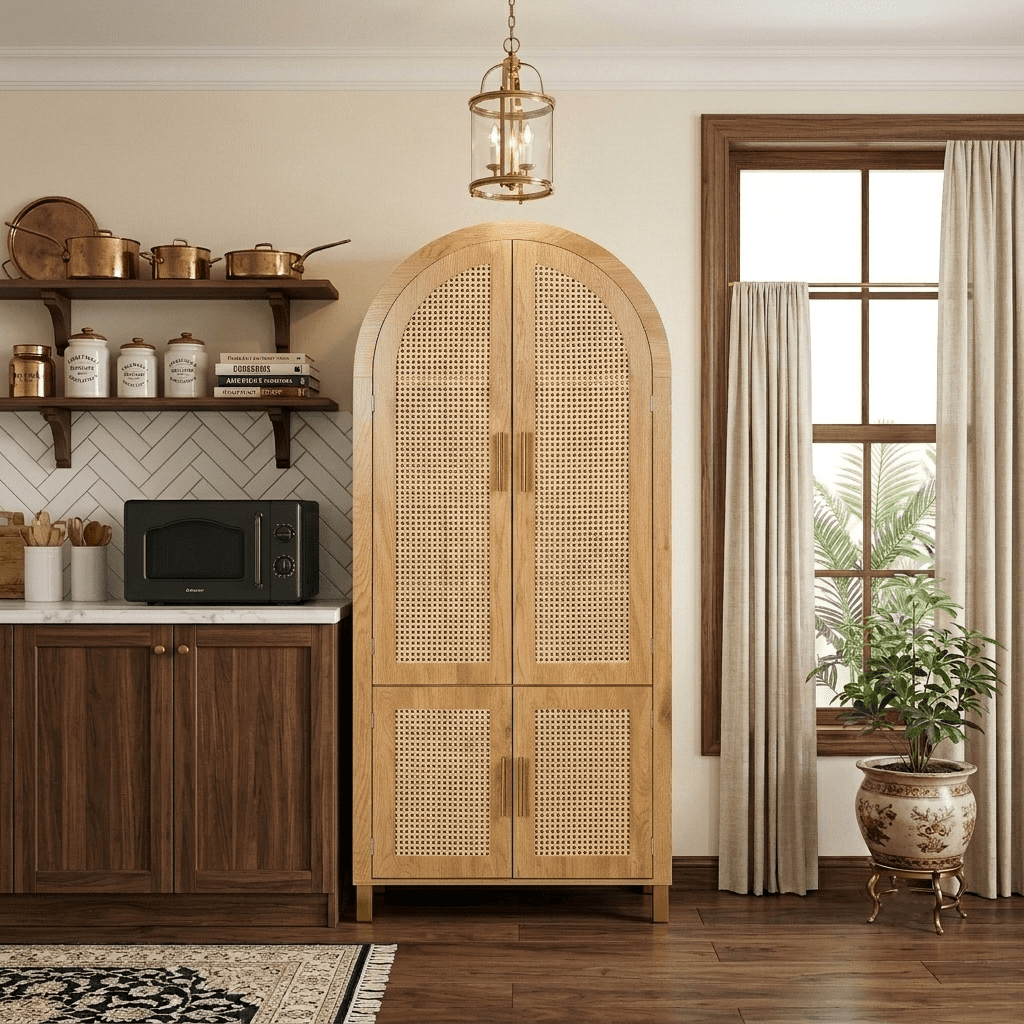 Howcool 71" Tall Arched Kitchen Pantry with Rattan Doors & Adjustable Shelves,Farmhouse Buffet Storage Cabinet with Built-in Racks for Kitchen,Dining Room,Oak