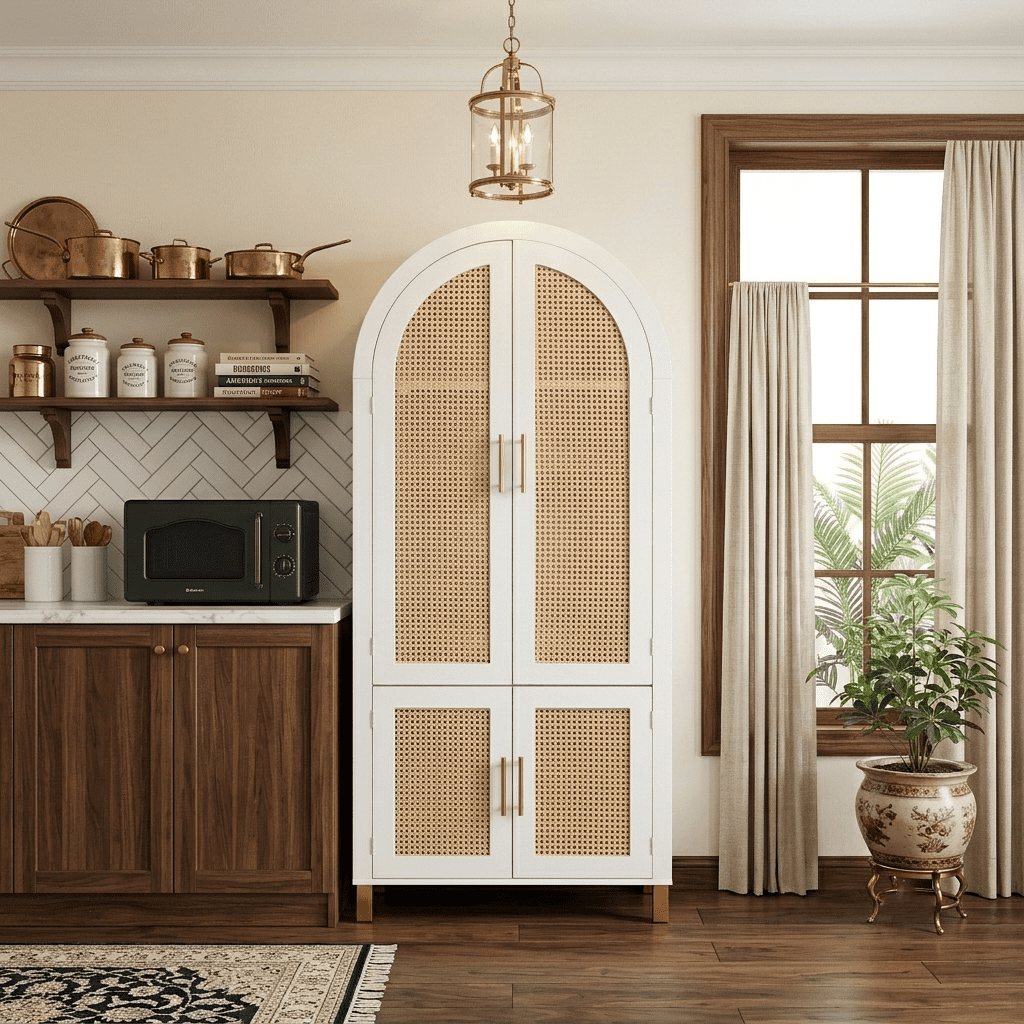 Howcool 71" Tall Arched Kitchen Pantry with Rattan Doors & Adjustable Shelves,Farmhouse Buffet Storage Cabinet with Built-in Racks for Kitchen,Dining Room,White