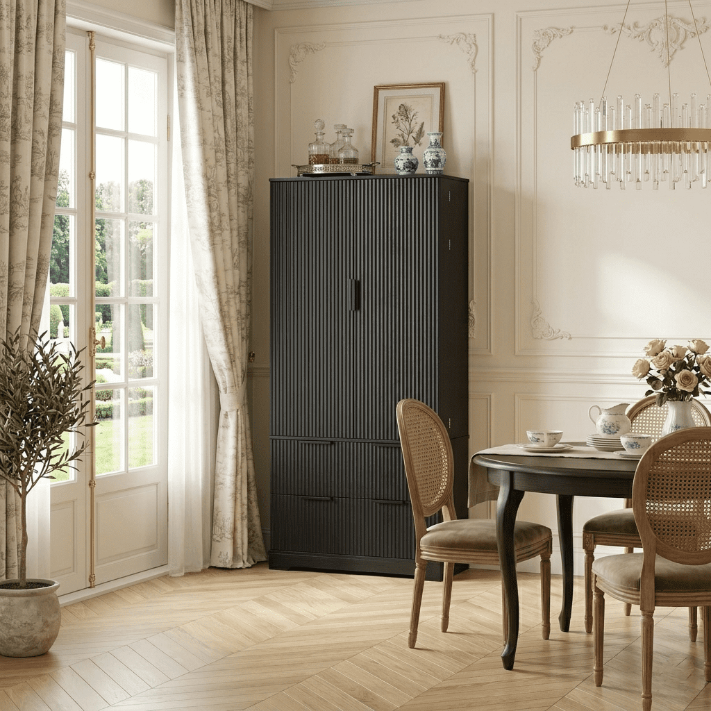 Howcool 72"H Fluted Kitchen Pantry Cabinet,Freestanding Storage Organizer with 2 Large Drawers,8-Door Spice Racks & Adjustable Shelves for Kitchen,Dining Room,Bathroom,Entryway,Black