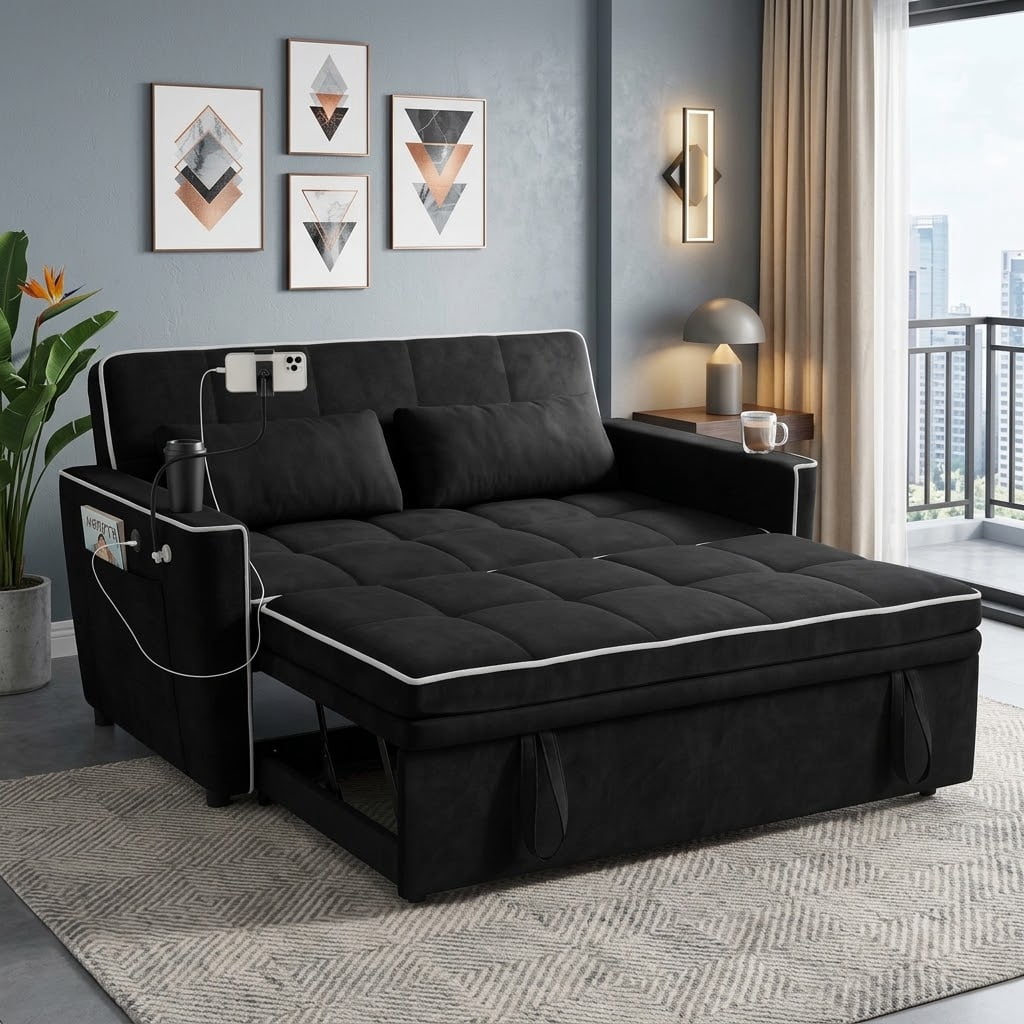 Howcool 54" Convertible Sleeper Sofa Bed, Pull Out Loveseat Couch with USB Port, Phone Holder & Cup Holder, Adjustable Backrest, Velvet Sofa for Living Room, Apartment, Black
