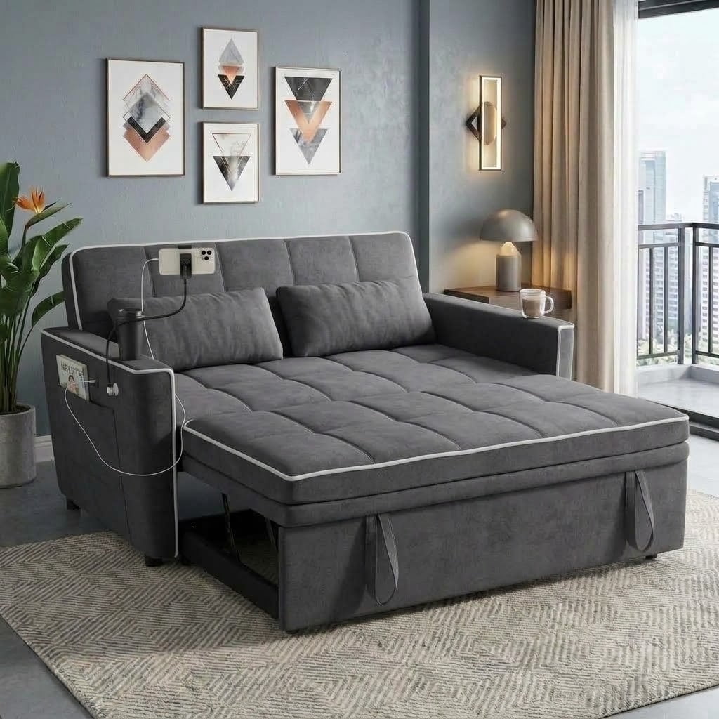 Howcool 54" Convertible Sleeper Sofa Bed, Pull Out Loveseat Couch with USB Port, Phone Holder & Cup Holder, Adjustable Backrest, Velvet Sofa for Living Room, Apartment, Dark Grey