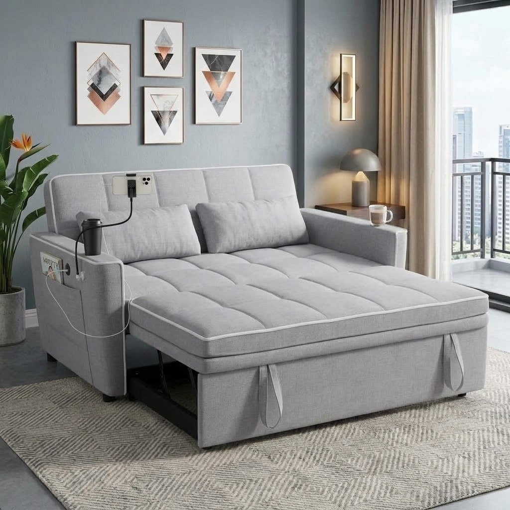 Howcool 54" Convertible Sleeper Sofa Bed, Pull Out Loveseat Couch with USB Port, Phone Holder & Cup Holder, Adjustable Backrest, Velvet Sofa for Living Room, Apartment, Light Gray