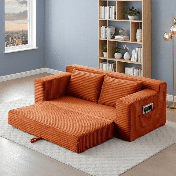 Howcool 73” Convertible Sofa Bed, Folding Couch with Pillows, Pull Out Loveseat Sleeper Sofa, 2-in-1 Corduroy Loveseat, Storage Pocket, No-Assembly Boneless Compression Sofa,Orange