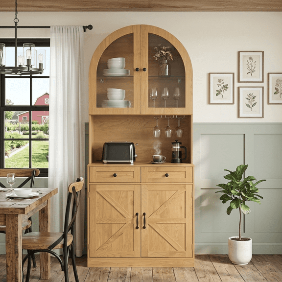Howcool 75" Tall Farmhouse Arched Kitchen Pantry Cabinet with Built-In Charging Station,Storage Cabinet with Adjustable Shelves & Open Countertop for Kitchen, Dining Room,Oak