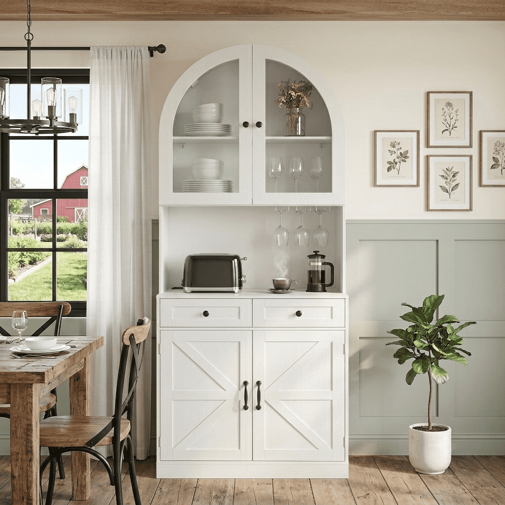 Howcool 75" Tall Farmhouse Arched Kitchen Pantry Cabinet with Built-In Charging Station,Storage Cabinet with Adjustable Shelves & Open Countertop for Kitchen,Dining Room,White