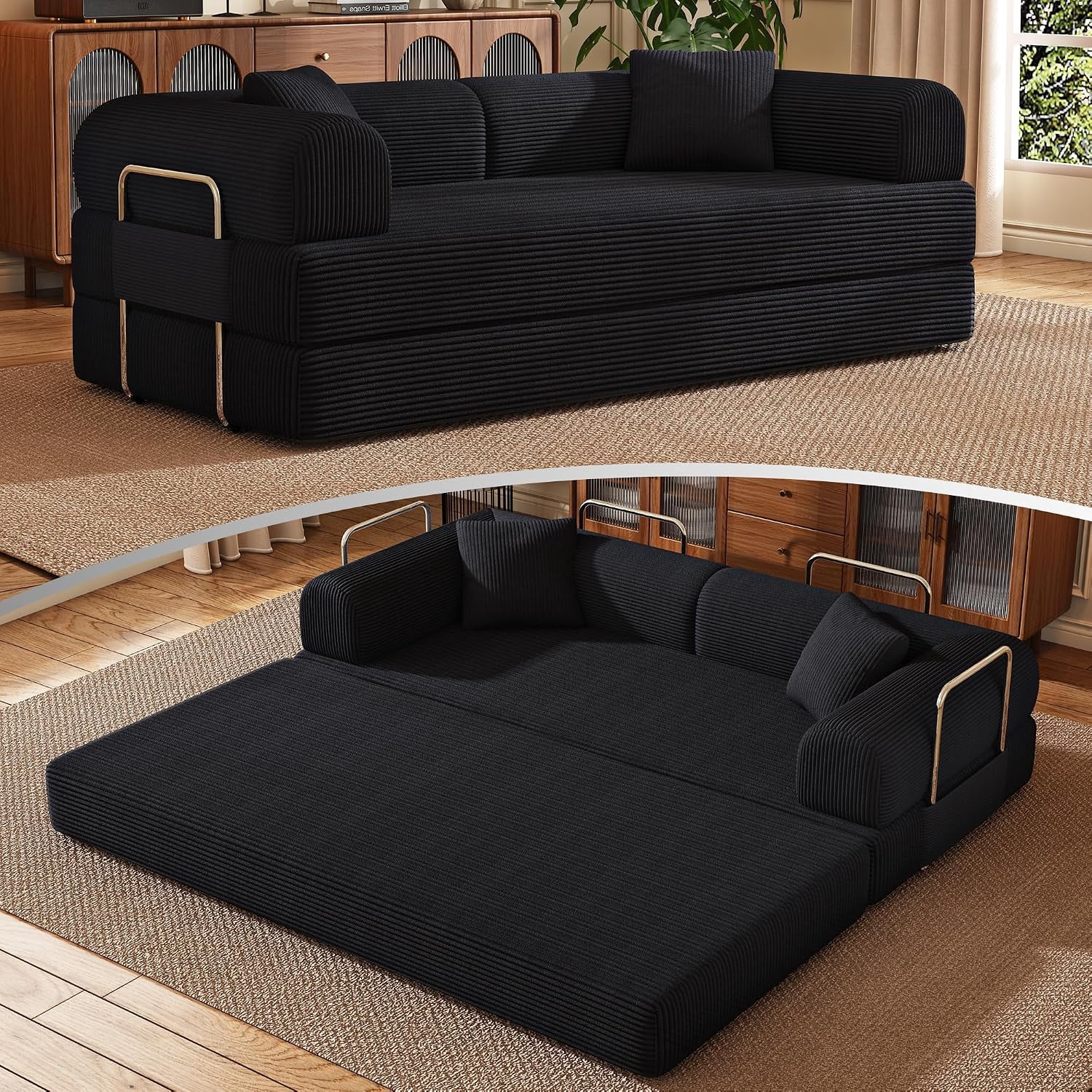Howcool 79" Boneless Sleeper Sofa Bed, 2-in-1 Pull Out Convertible Loveseat Couch with 2 Throw Pillows, Corduroy Futon Floor Sofa for Living Room, No Assembly Required, Black