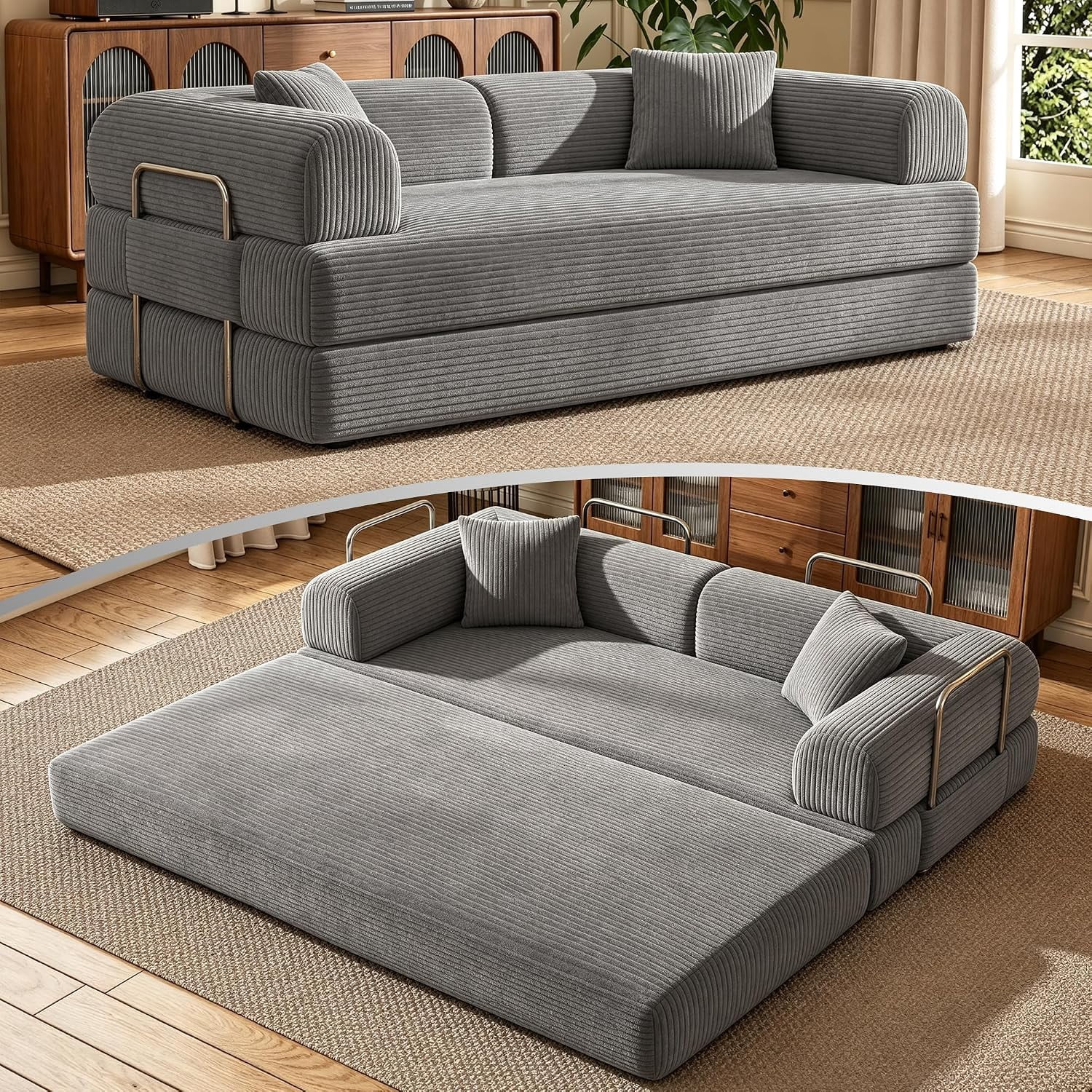 Howcool 79" Boneless Sleeper Sofa Bed, 2-in-1 Pull Out Convertible Loveseat Couch with 2 Throw Pillows, Corduroy Futon Floor Sofa for Living Room, No Assembly Required, Grey