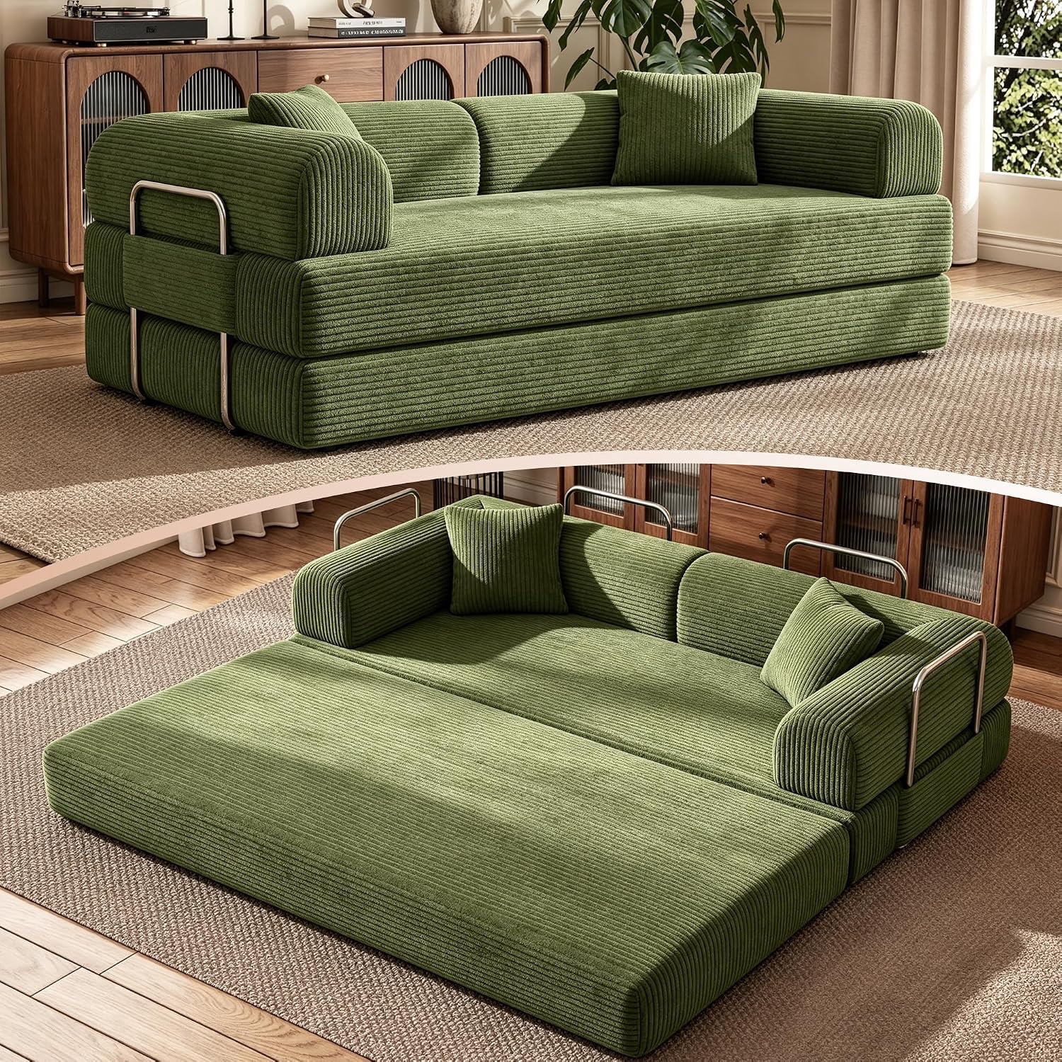 Howcool 79" Boneless Sleeper Sofa Bed, 2-in-1 Pull Out Convertible Loveseat Couch with 2 Throw Pillows, Corduroy Futon Floor Sofa for Living Room, No Assembly Required, Green