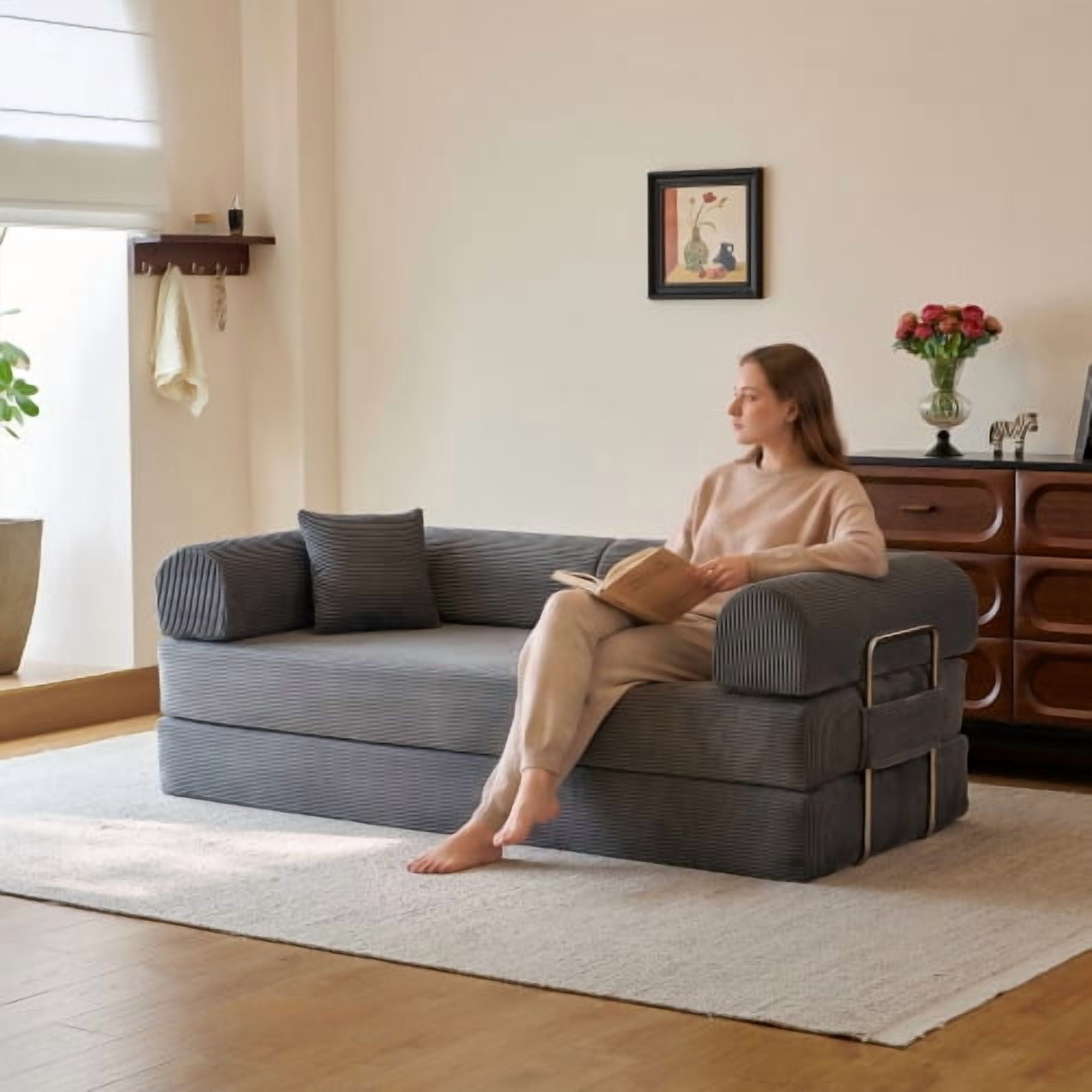 Howcool 79" Boneless Sleeper Sofa Bed, 2-in-1 Pull Out Convertible Loveseat Couch with 2 Throw Pillows, Corduroy Futon Floor Sofa for Living Room, No Assembly Required, Grey