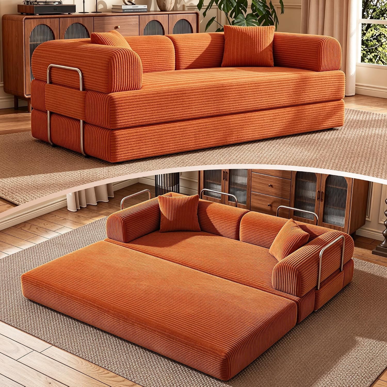 Howcool 79" Boneless Sleeper Sofa Bed, 2-in-1 Pull Out Convertible Loveseat Couch with 2 Throw Pillows, Corduroy Futon Floor Sofa for Living Room, No Assembly Required, Tangerine