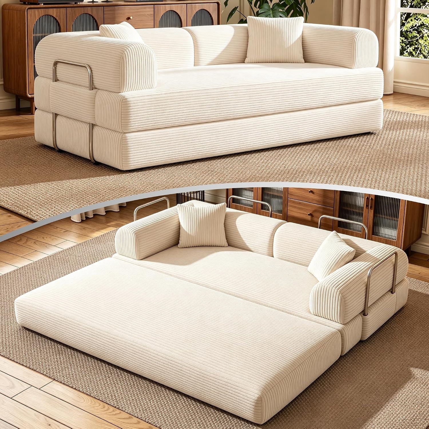 Howcool 79" Boneless Sleeper Sofa Bed, 2-in-1 Pull Out Convertible Loveseat Couch with 2 Throw Pillows, Corduroy Futon Floor Sofa for Living Room, No Assembly Required, White