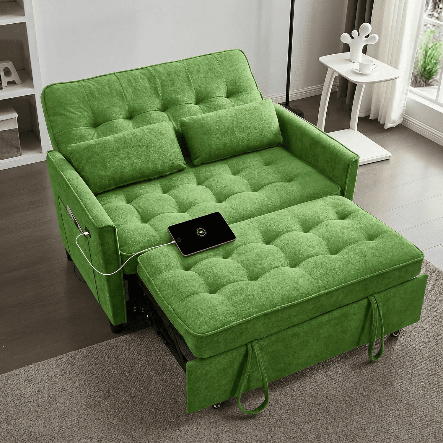 Howcool 55" Convertible Sofa Bed 3-in-1 Pull Out Sleeper Loveseat Couch with Adjustable Backrest, USB Ports, Side Pockets, Easy Assembly for RV Apartment Living Room,Green