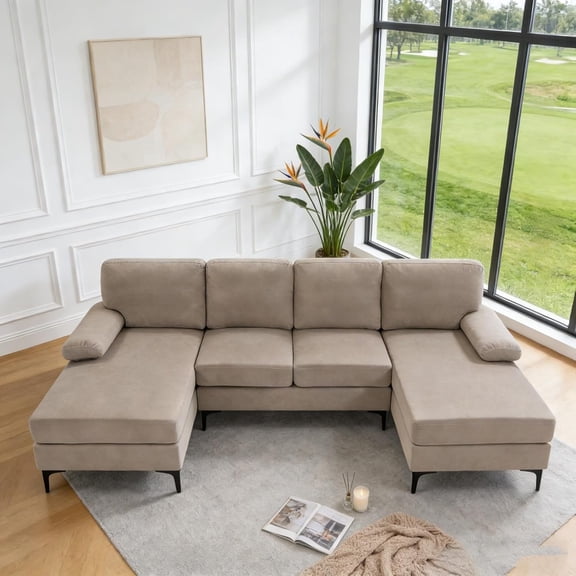 Howcool 106" U-Shaped Sectional Sofa, 4 Seat Modular Couch with Double Chaise, Polyester Blend Upholstered Modern Living Room Furniture with Metal Legs, Khaki(Thick Sponge)