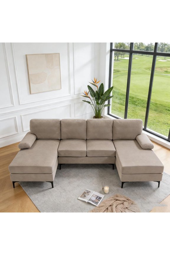 106" U-Shaped Sectional Sofa, 4 Seat Modular Couch with Double Chaise, Polyester Blend Upholstered Modern Living Room Furniture with Metal Legs, Khaki(Thick Sponge)