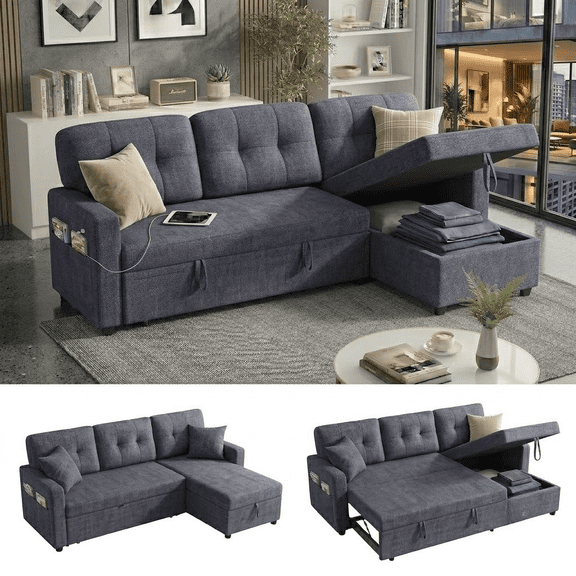 Howcool 82" Sectional Sofa Bed, L-Shaped Sleeper Pull Out Couch with Storage Chaise & USB Charging Ports, Terry Cloth Fabric for Small Apartment Living Room,Dark Grey
