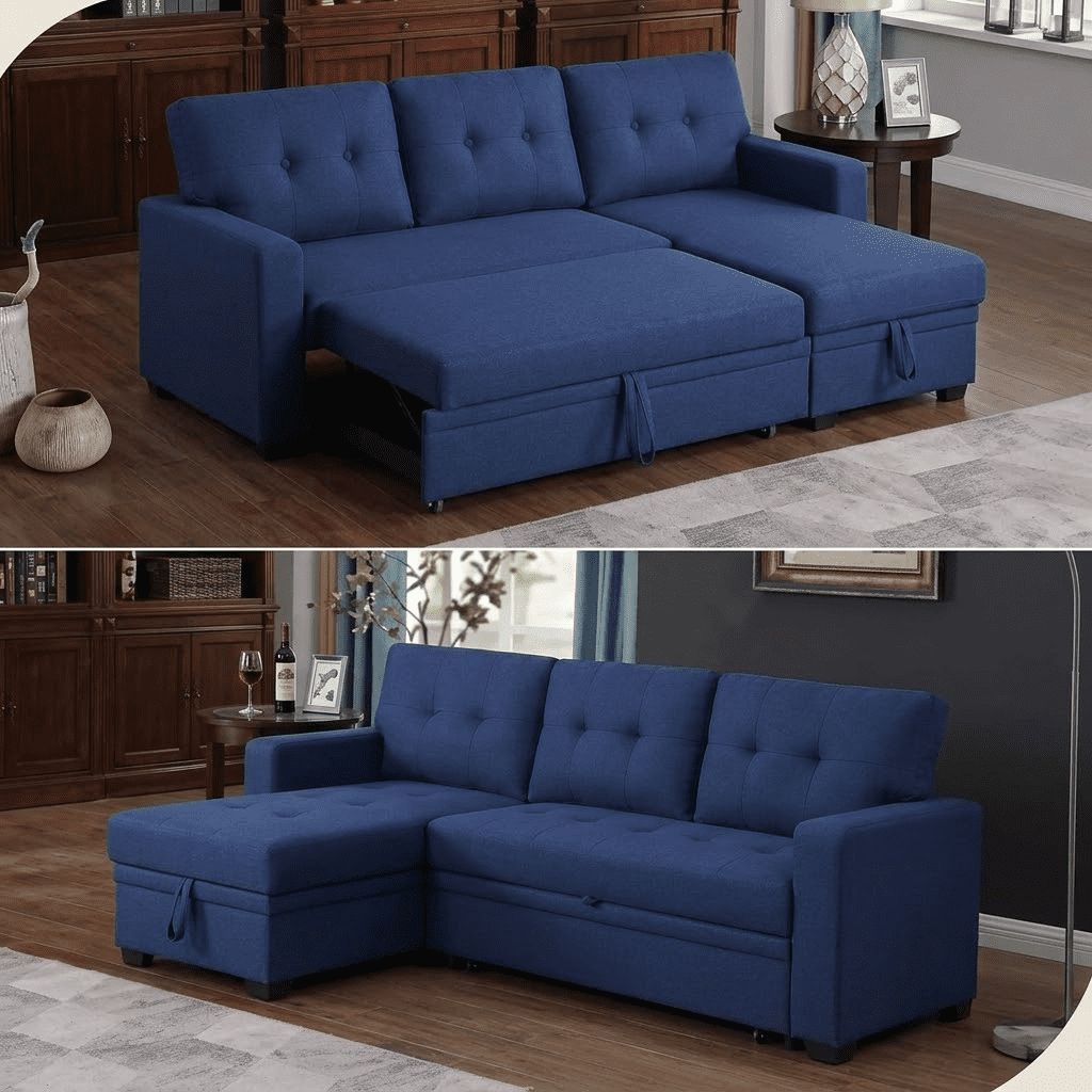 Howcool 82" Convertible Sleeper Sofa Bed, Pull-Out Couch with Reversible Storage Chaise, L-Shaped Sectional Couch with USB Charging, Linen Fabric Sofa for Small Living Room Apartment,Blue