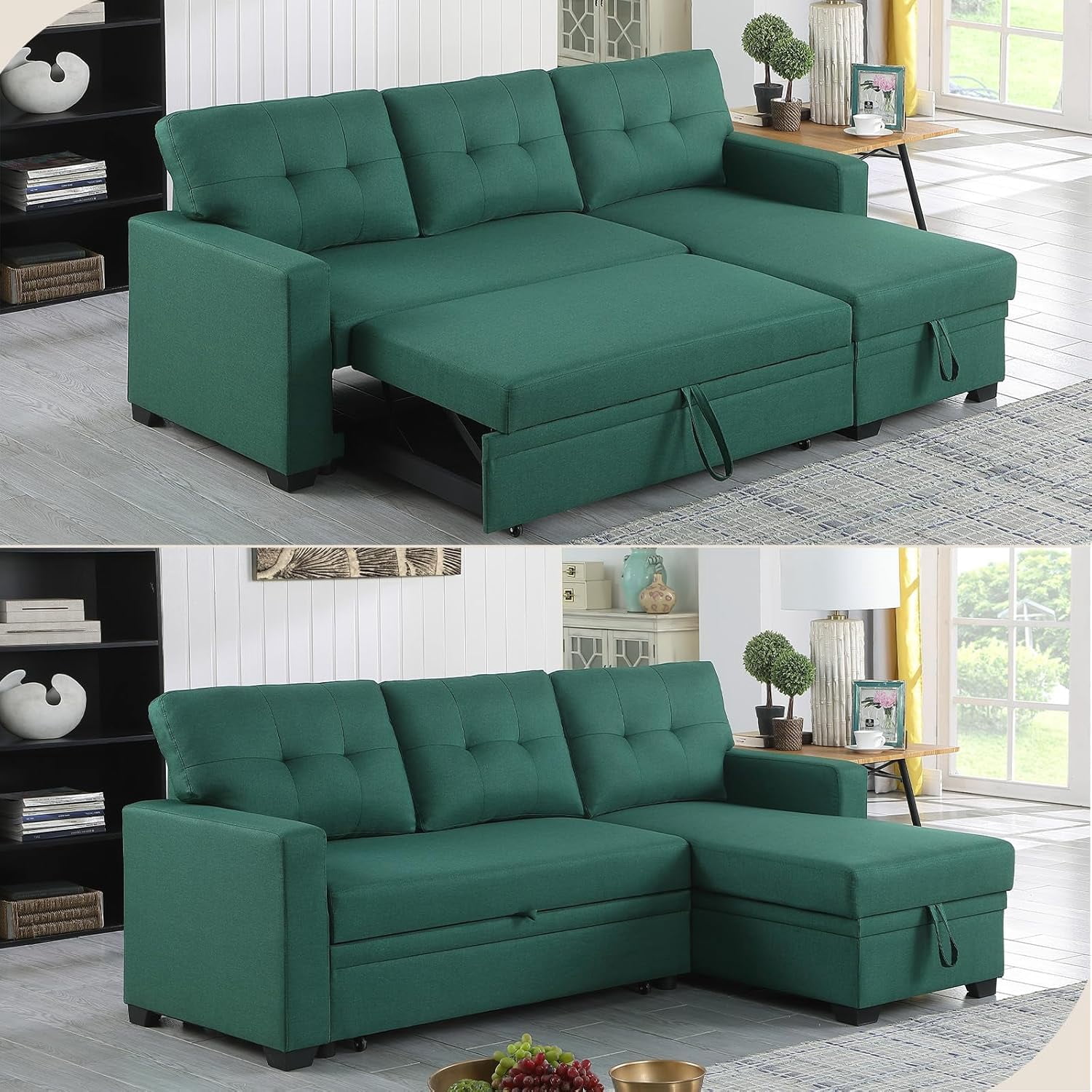 Howcool 82" Convertible Sleeper Sofa Bed, Pull-Out Couch with Reversible Storage Chaise, L-Shaped Sectional Couch with USB Charging, Linen Fabric Sofa for Small Living Room Apartment,Green