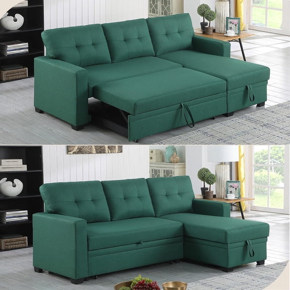 Howcool 82" Convertible Sleeper Sofa Bed, Pull-Out Couch with Reversible Storage Chaise, L-Shaped Sectional Couch with USB Charging, Linen Fabric Sofa for Small Living Room Apartment,Green
