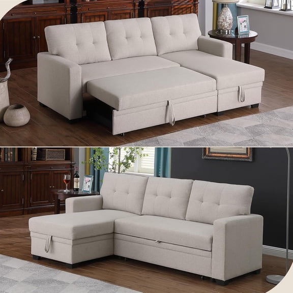 Howcool 82" Convertible Sleeper Sofa Bed, Pull-Out Couch with Reversible Storage Chaise, L-Shaped Sectional Couch with USB Charging, Linen Fabric Sofa for Small Living Room Apartment,Beige