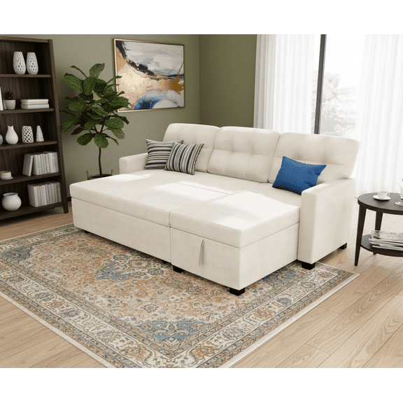 Howcool 82" Convertible Sofa Bed Couch, L-Shaped Sleeper with Pull-Out Bed, Reversible Storage Chaise, Linen Fabric & USB Charging for Living Room,Beige