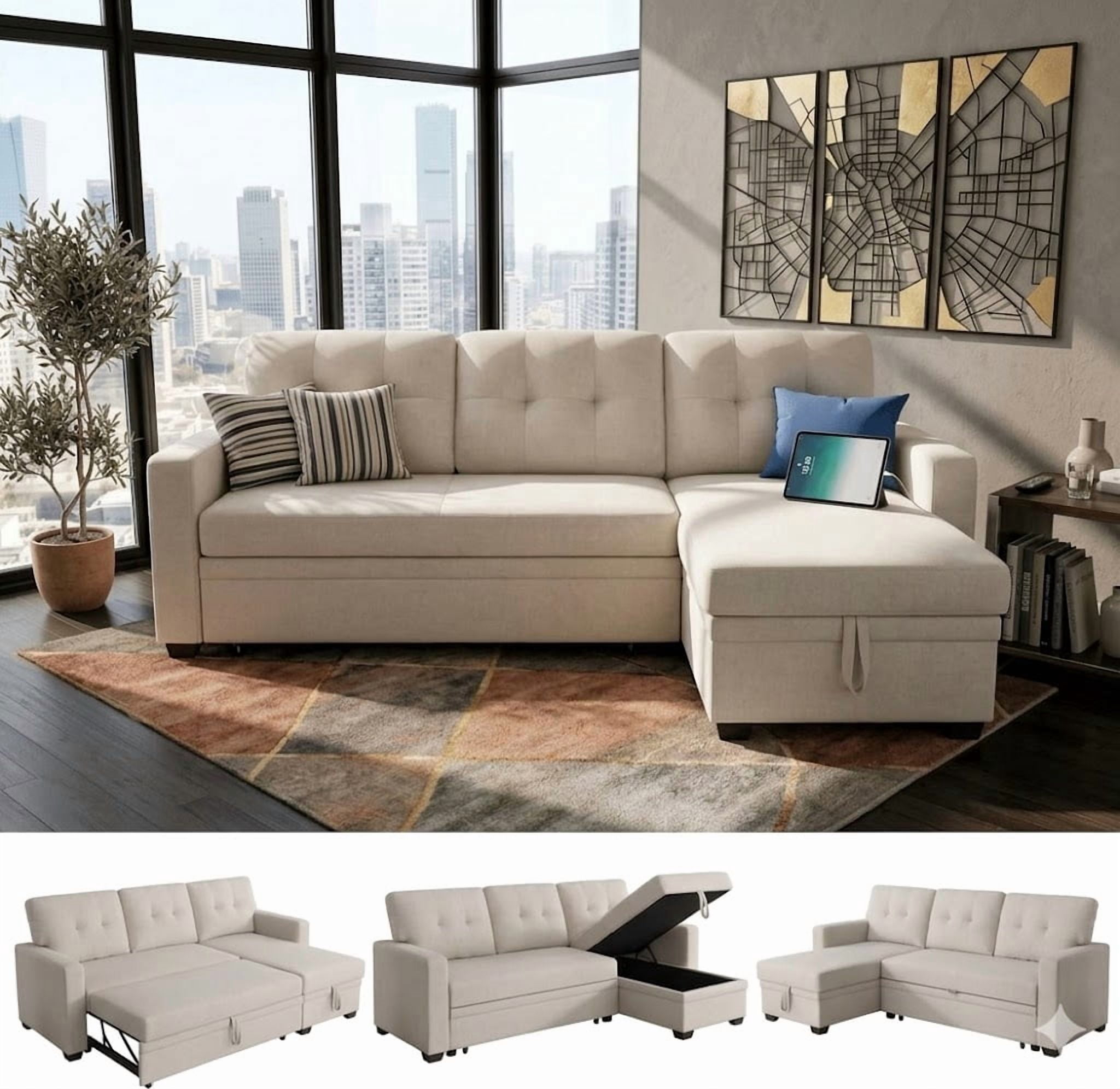 Howcool 82" Sectional Sofa Bed, L-Shaped Sleeper Pull Out Couch with Storage Chaise & USB Charging Ports, Linen Fabric for Small Apartment Living Room,Beige(Thick Sponge)