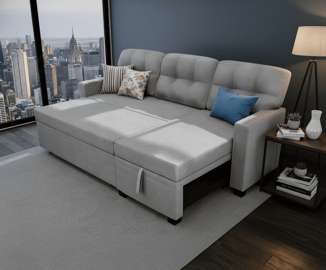 Howcool 82" Sectional Sofa Bed, L-Shaped Sleeper Pull Out Couch with Storage Chaise & USB Charging Ports, Linen Fabric for Small Apartment Living Room, Light Grey