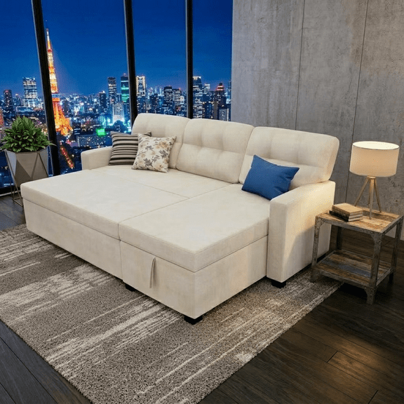 Howcool 82" Sectional Sofa Bed, L-Shaped Sleeper Pull Out Couch with Storage Chaise & USB Charging Ports, Linen Fabric for Small Apartment Living Room,Beige
