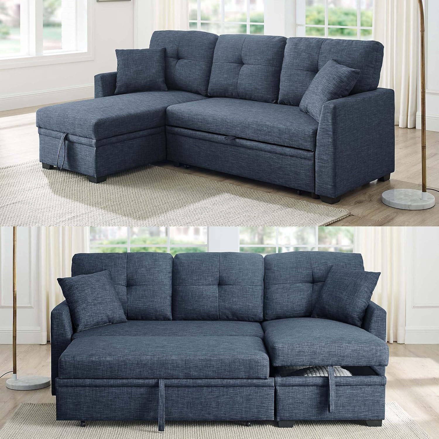 Convertible Sleeper Sofa Bed, 76.5" L Shaped Sectional Couch Pull Out Bed Reversible Storage Chaise Compact Linen Sofa Small Space Apartment Living Room,Dark Blue