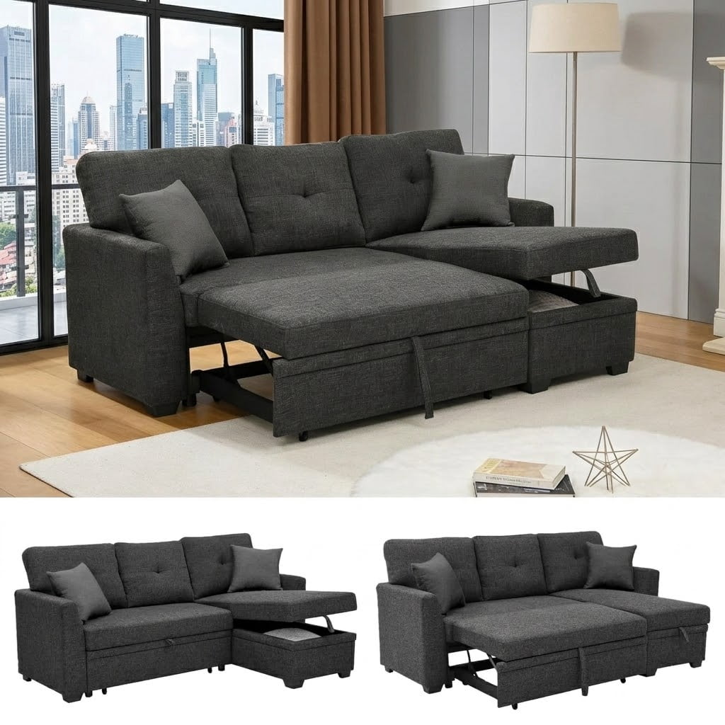 Howcool Sectional Sleeper Sofa with Pull Out Bed, 76.5"L Shape Convertible Linen Couch with Storage Chaise, 2 in 1 Pull Out Sofa Bed with 2 Seats, for Living Room, Apartment, Charcoal Black