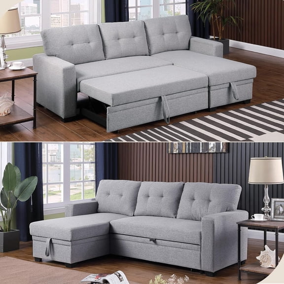 Howcool 82" Convertible Sleeper Sofa with Pull Out Bed, L-Shaped Sectional Couch with Storage Chaise, Linen Fabric Sofa with USB Charging Ports for Living Room Apartment,Light Grey